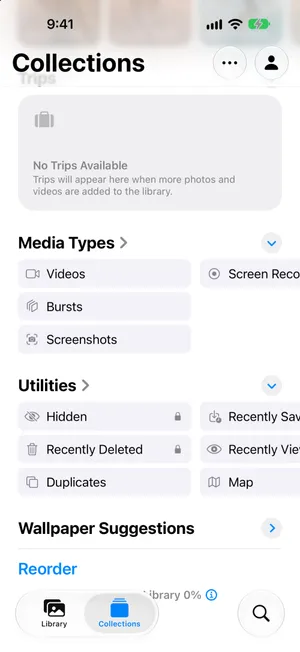 The Collections tab of Photos on iOS 27 with Utilities showing Hidden and Recently Deleted, both with a lock, plus Duplicates, Recently Saved, Recently Viewed and Map