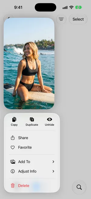 A photo in the Hidden album, touched and held, with the menu Copy, Duplicate, Unhide, Share, Favorite, Add To, Adjust Info and Delete