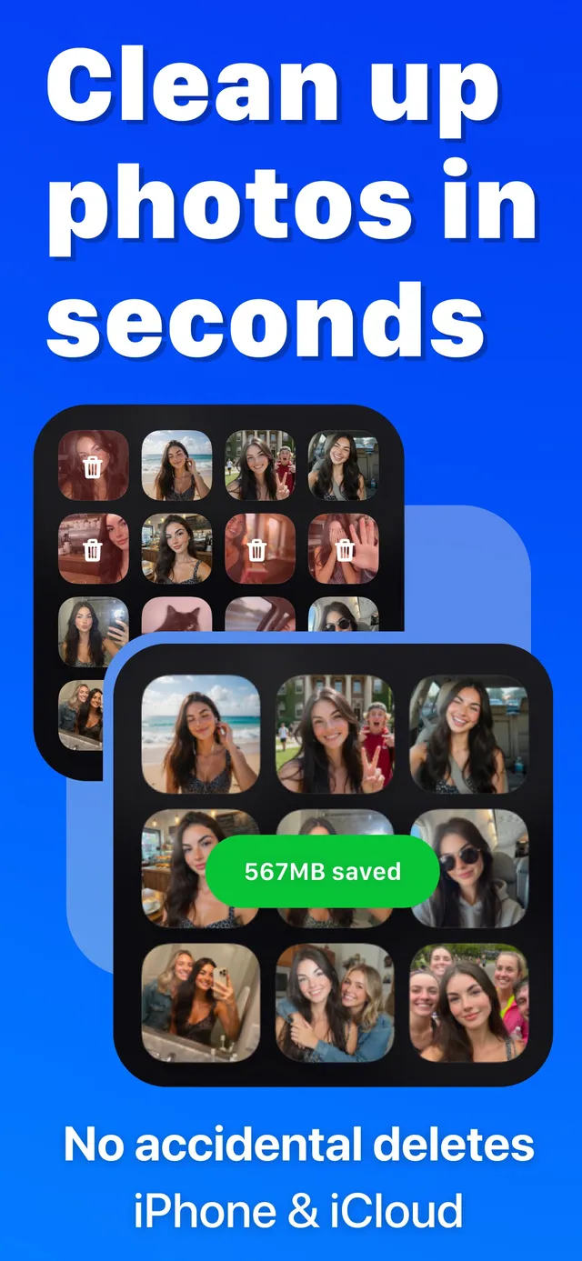 PrunePic grids of photos with trash markers and a 567MB saved badge