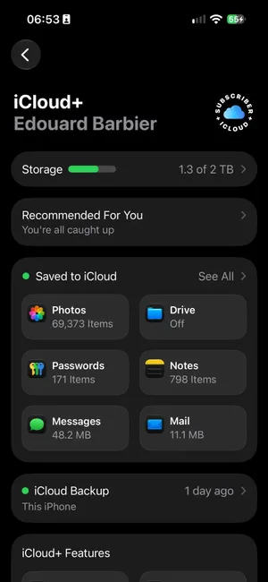 Settings, Apple Account, iCloud on iOS 27: iCloud+, a Storage bar reading 1.3 of 2 TB, Recommended For You, Saved to iCloud tiles with Photos 69,373 Items, Drive Off, Passwords, Notes, Messages and Mail, and iCloud Backup 1 day ago
