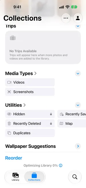The Collections tab of the iOS 27 Photos app showing Media Types and Utilities, including Recently Deleted with a lock