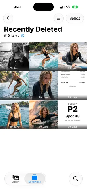 Recently Deleted in the Photos app on iOS 27, unlocked, with nine deleted items each showing 29 days left
