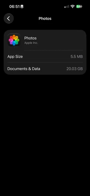 The Photos screen inside iPhone Storage on iOS 27: App Size 5.5 MB and Documents & Data 20.03 GB