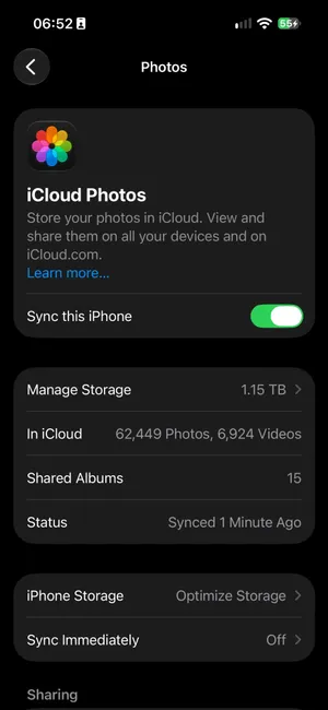 Settings, Apple Account, iCloud, Photos on iOS 27: Sync this iPhone on, Manage Storage 1.15 TB, In iCloud 62,449 Photos, 6,924 Videos, Shared Albums 15, Status Synced 1 Minute Ago, iPhone Storage set to Optimize Storage, Sync Immediately Off
