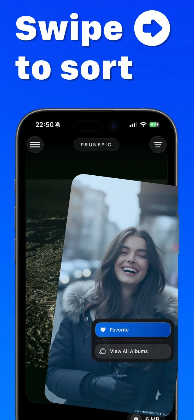 A PrunePic photo card being swiped right with Favorite and View All Albums options