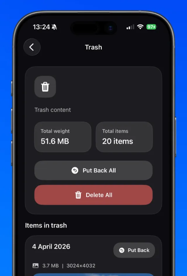 The PrunePic Trash with 20 items, 51.6 MB, and Put Back All and Delete All buttons